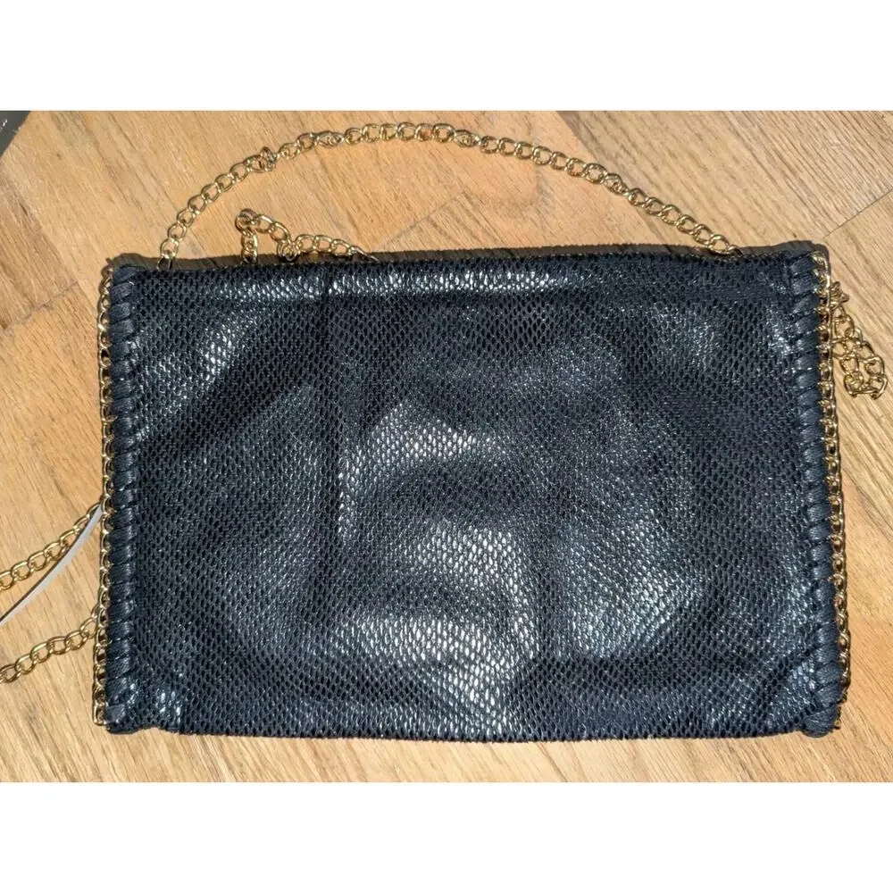 Black Snakeskin Faux Leather Clutch Crossbody Bag Gold Chain Strap Foldover Purs